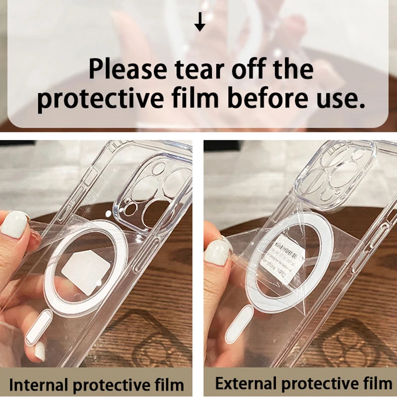For Magesafe Magnetic Transparent Wireless Charge Case For iPhone 11 12 13 14 15 16 17 Air Pro Max Plus Mini Shockproof PC Cover